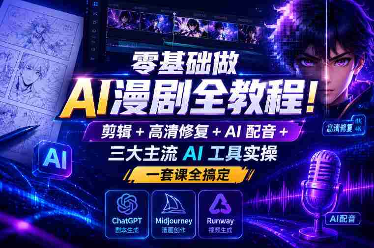 零基础做AI漫剧全教程！剪辑+高清修复+AI配音+三大主流AI工具实操，一套课全搞定-创业云网赚项目