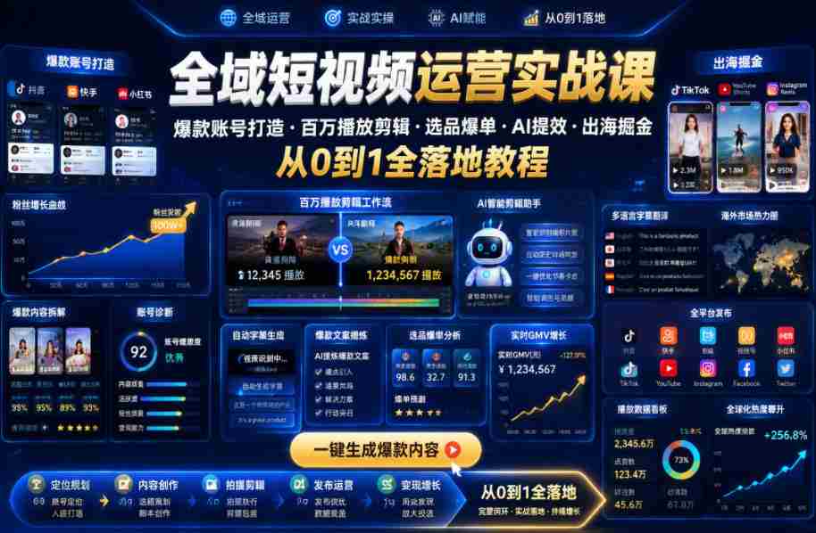 全域短视频运营实战课，爆款账号打造・百万播放剪辑・选品爆单・AI提效・出海掘金，从0到1全落地教程-创业云网赚项目