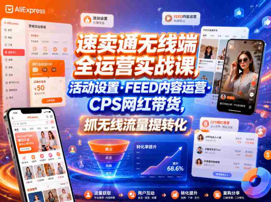 速卖通无线端全运营实战课，活动设置・FEED内容运营・CPS网红带货，抓无线流量提转化-创业云网赚项目