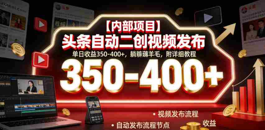 【内部项目】头条自动二创视频发布，单日收益350-400+，躺賺薅羊毛，附详细教程【揭秘】-创业云网赚项目