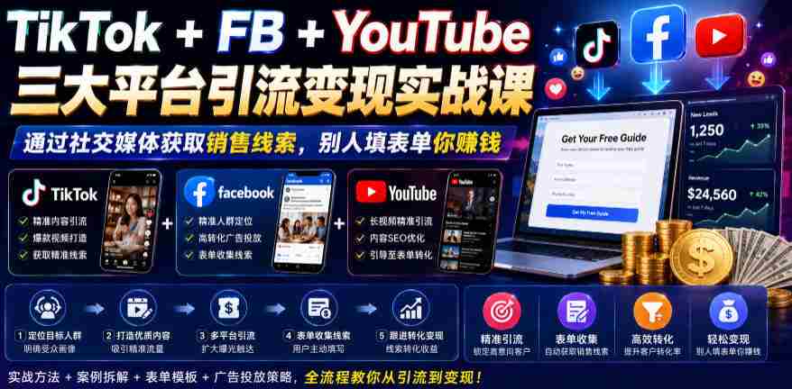 TikTok+FB+YouTube三大平台引流变现实战课，通过社交媒体获取销售线索，别人填表单你賺钱【原创双语字幕】-创业云网赚项目